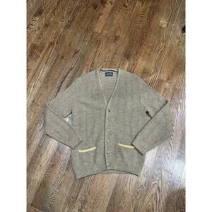 Vintage 1970s Puritan Cable Knit Style Wool Cardigan Leather Trim‎ Men’s M